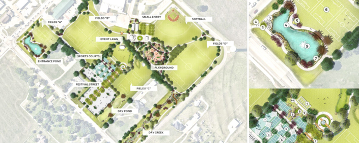 Architectural design for Towne Center Park improvements.