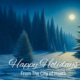 Winter night scene with snow-covered pine trees under a bright moon, a softly glowing snowy field in the foreground, and text reading ‘Happy Holidays From The City of Heath.’