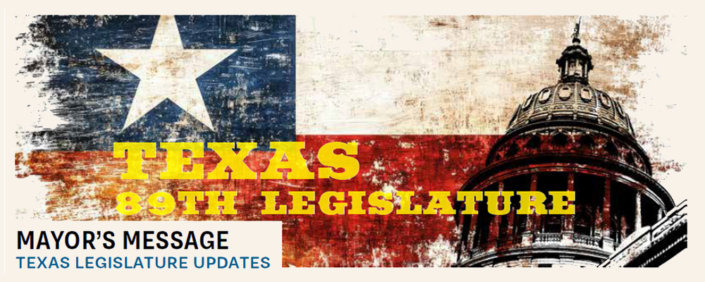 August 2025 Newsletter Silhouette of the Texas State Capital building on a Texas flag background.