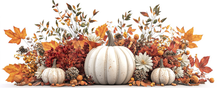 October 2025 Newsletter A fall pumpkin page with white and orange pumpkins surrounded by fall flowers on a white background.