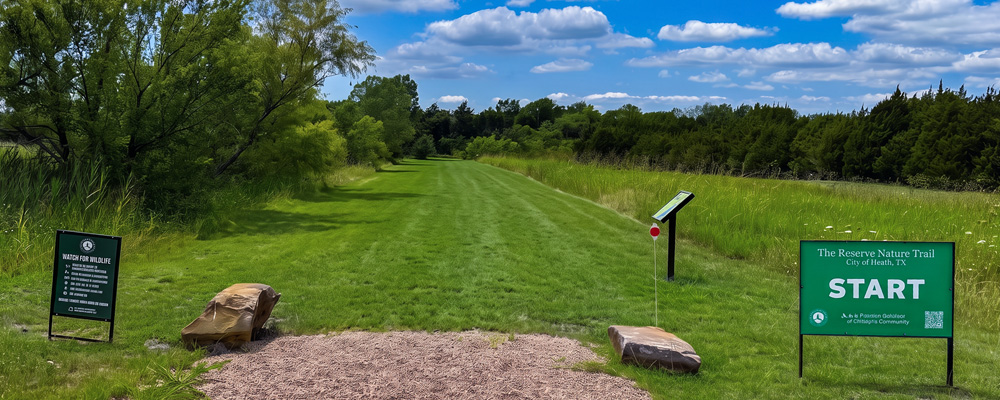 A wide, grassy nature trail winds through The Reserve in Heath, Texas, bordered by native grasses, mature trees and wildflowers beneath a blue sky with scattered clouds. Trailhead signs mark the entrance and provide wildlife information.