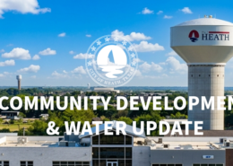 Aerial view of Heath, Texas, featuring the Heath water tower and community buildings under a bright blue sky. Overlaid white text reads “COMMUNITY DEVELOPMENT & WATER UPDATE,” with the City of Heath seal above the title.