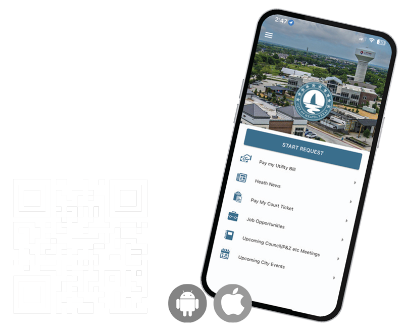 An mobile phone showing the My Heath mobile app with a QR code to download the app.