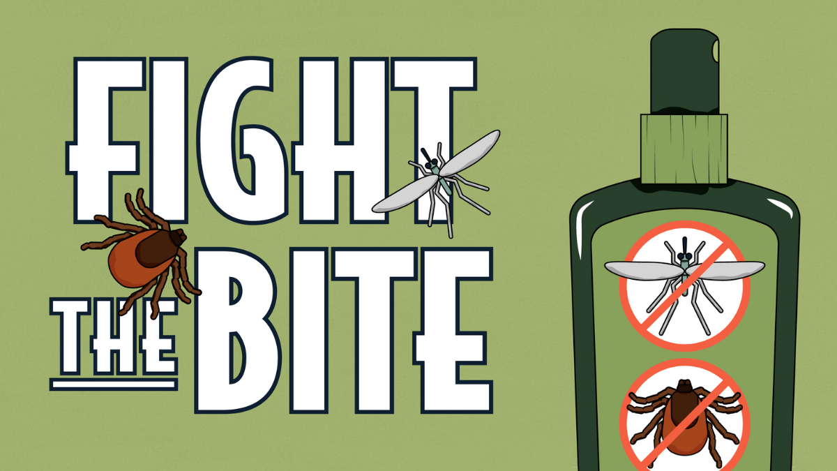 CDC's Fight The Bite graphic showing a mosquito and a bottle of repellent on an olive background.