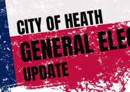 Graphic styled like the Texas flag with a distressed red, white, and blue design and a white star on the left. Bold black text reads “City of Heath General Election Update.”