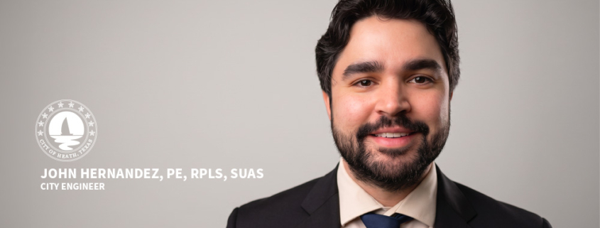 Headshot of John Hernandez the new City of Heath City Engineer, standing in front of the City of Heath, Texas official seal.