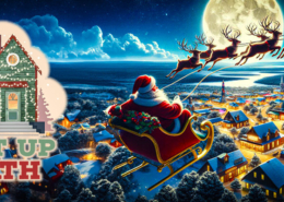 Santa in his sleigh flying over a small town lit with Christmas Lights.
