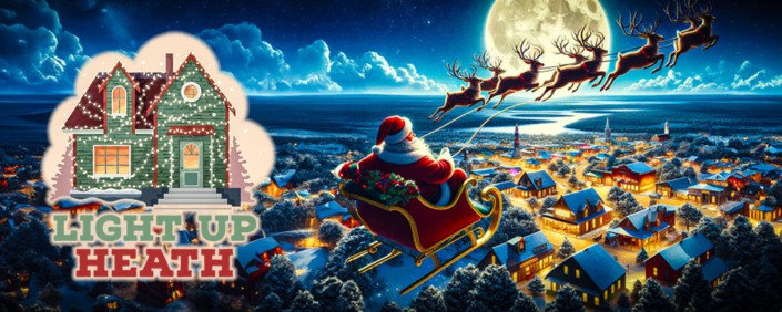 Santa in his sleigh flying over a small town lit with Christmas Lights.