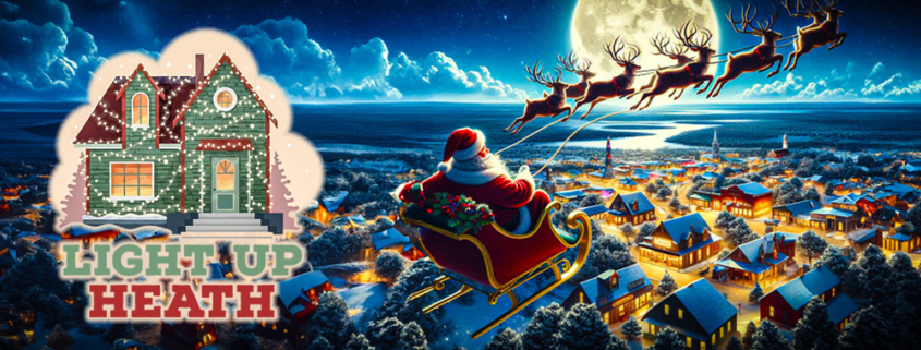 Santa in his sleigh flying over a small town lit with Christmas Lights.