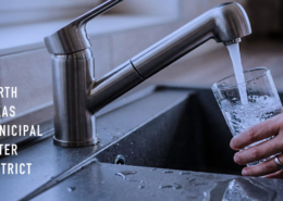 A hand fills a clear glass with running tap water over a kitchen sink. On the left, a logo and text read ‘North Texas Municipal Water District.