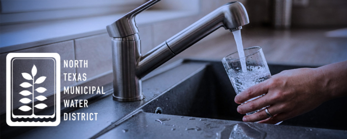 A hand fills a clear glass with running tap water over a kitchen sink. On the left, a logo and text read ‘North Texas Municipal Water District.
