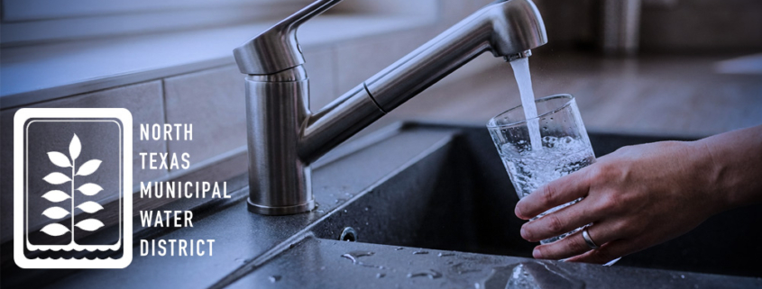 A hand fills a clear glass with running tap water over a kitchen sink. On the left, a logo and text read ‘North Texas Municipal Water District.