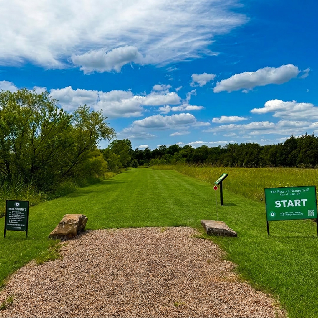 A scenic view of the trailhead for The Reserve Nature Trail in Heath, TX. A gravel pathway in the foreground leads between two large rocks onto a grassy trail. On the right, a bright green sign reads "The Reserve Nature Trail, City of Heath, TX, START." On the left, a dark informational sign stands in the grass. The trail stretches forward through a grassy area bordered by lush green trees, all beneath a vibrant blue sky with scattered white clouds.