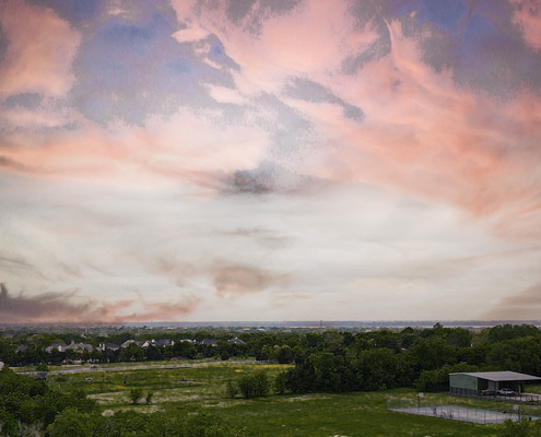 Sunset view of elevated North Water Tower in Heath, TX