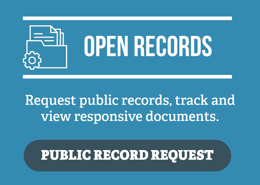 OpenRecords Blue promotional graphic for an Open Records portal. A white icon of a folder containing documents with a gear appears on the left. Large white text reads "OPEN RECORDS." Below, smaller white text says, "Request public records, track and view responsive documents." At the bottom is a dark gray rounded button labeled "PUBLIC RECORD REQUEST" in white capital letters.