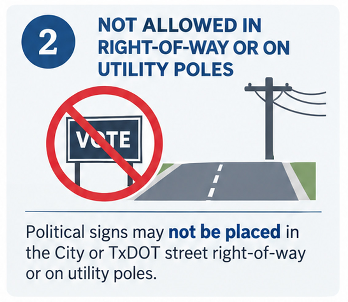 Right-of-Way and Utility Poles Illustration of a political sign crossed out beside a roadway and utility pole. Political signs may not be placed in City or TxDOT street rights-of-way or on utility poles.