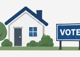 Illustration of a home with a large sign in the front yard that says "Vote".
