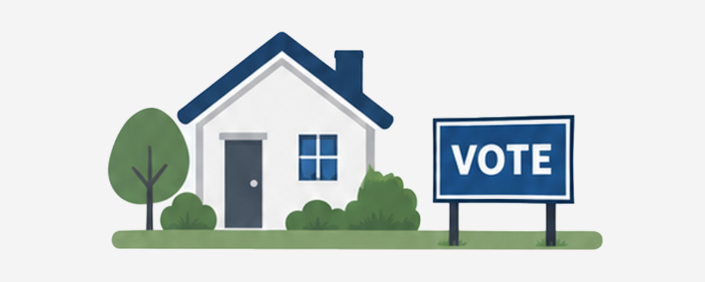 Political Signage Guidelines Illustration of a home with a large sign in the front yard that says "Vote".