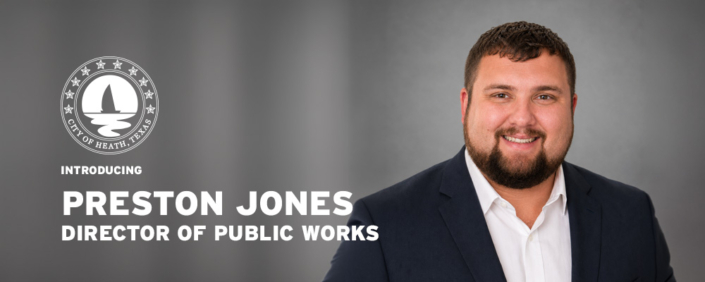 PrestonJones Headshot of new City of Heath Director of Public Works Preston Jones, on a gray background with the City logo.