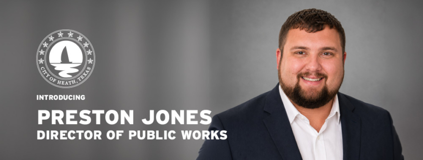 Headshot of new City of Heath Director of Public Works Preston Jones, on a gray background with the City logo.