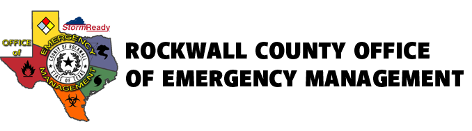 Rockwall County Office of Emergency Management logo featuring the State of Texas outline with the State of Texas Seal in the center surrounded by natural emergency and hazardous icons.