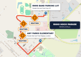 Map of the Rockwall-Heath High School Homecoming Parade route, showing the parade start and float staging location at Amy Parks Elementary, the band parking lot, designated seating areas, and the parade route.