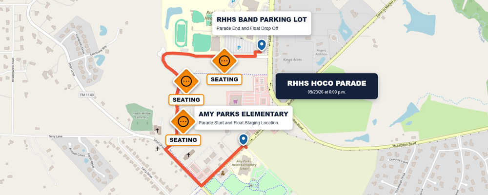 Map of the Rockwall-Heath High School Homecoming Parade route, showing the parade start and float staging location at Amy Parks Elementary, the band parking lot, designated seating areas, and the parade route.