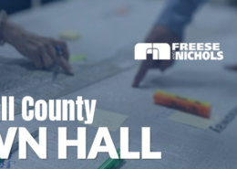 Banner for the Rockwall County Town Hall event featuring the State of Texas / County of Rockwall seal and the Freese and Nichols logo over a blurred background of people pointing at maps and planning materials on a table.