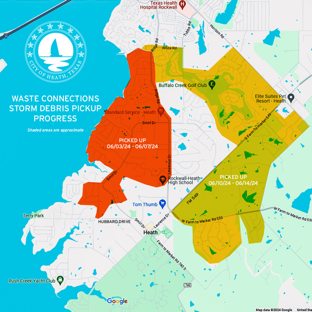 Map showing progress of storm debris pickup by Waste Connections, in Heath, TX.