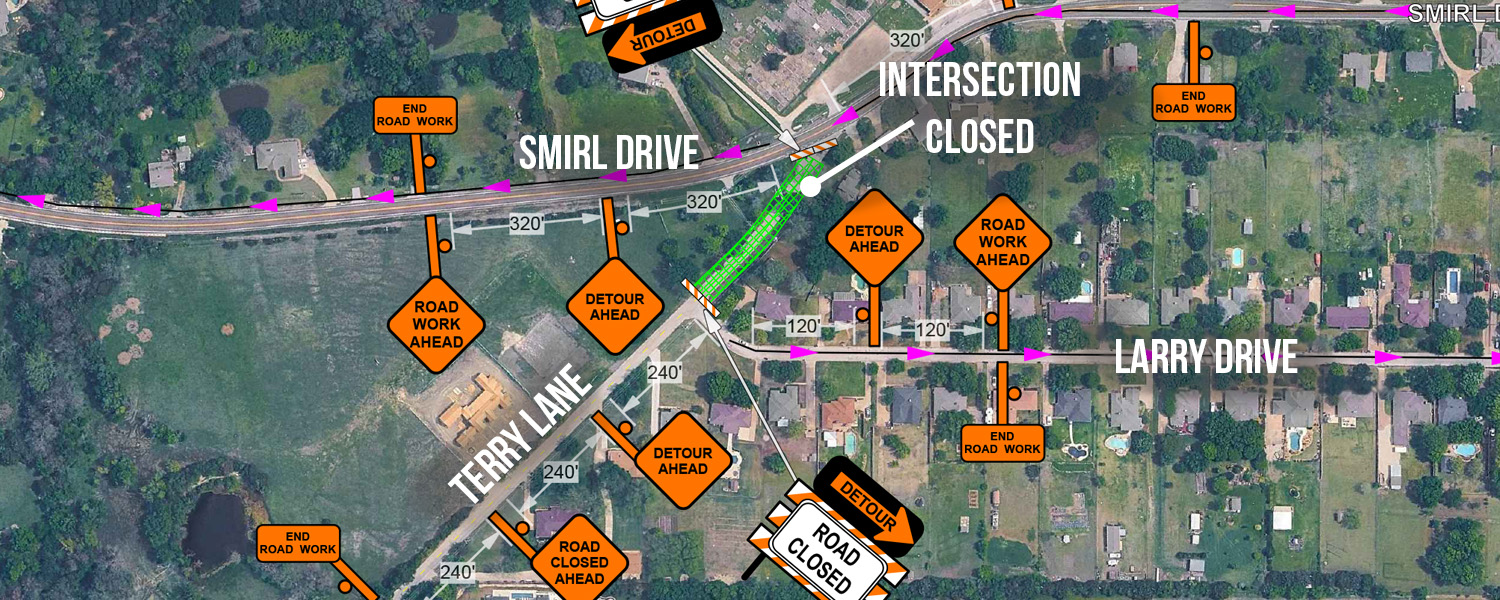 Aerial map showing a neighborhood road construction plan. The intersection of Terry Lane and Smirl Drive will be closed. Detour routes are marked with purple arrows directing traffic around the closure via Smirl Drive and Larry Drive. Multiple orange road signs indicate “Road Work Ahead,” “Detour Ahead,” “Road Closed Ahead,” and “End Road Work,” along with distances between sign placements.