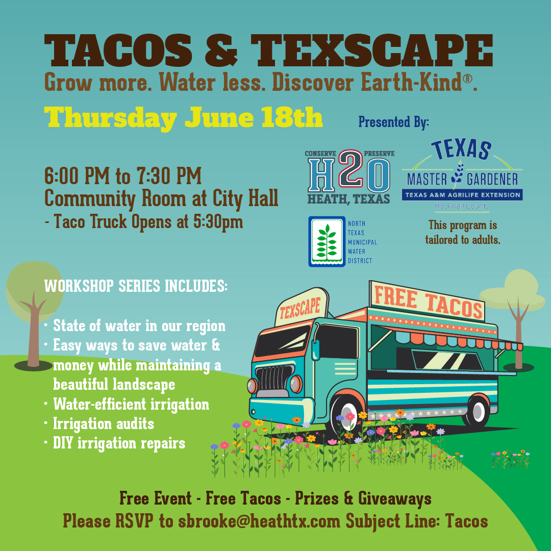 An illustration of a food truck on green grass with flowers and trees. The truck has the words Free Tacos on the side and the words Tacos & Texscape form the title.