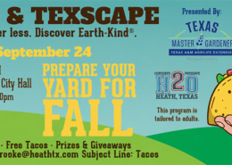 Banner for the “Tacos & Texscape” event on Thursday, September 24, featuring a colorful illustrated taco, rolling green hills, and bold Western-style typography. Event details include 6:00–7:30 p.m. at the City Hall Community Room, free tacos by Pablo’s at 5:30 p.m., prizes and giveaways, and a presentation on preparing your yard for fall and water-wise landscaping.