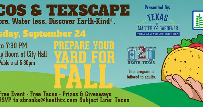 Banner for the “Tacos & Texscape” event on Thursday, September 24, featuring a colorful illustrated taco, rolling green hills, and bold Western-style typography. Event details include 6:00–7:30 p.m. at the City Hall Community Room, free tacos by Pablo’s at 5:30 p.m., prizes and giveaways, and a presentation on preparing your yard for fall and water-wise landscaping.