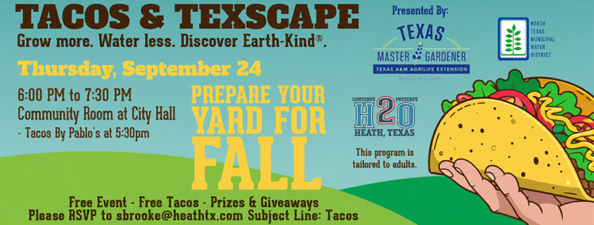 Banner for the “Tacos & Texscape” event on Thursday, September 24, featuring a colorful illustrated taco, rolling green hills, and bold Western-style typography. Event details include 6:00–7:30 p.m. at the City Hall Community Room, free tacos by Pablo’s at 5:30 p.m., prizes and giveaways, and a presentation on preparing your yard for fall and water-wise landscaping.