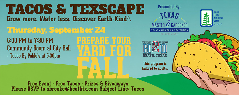 Banner for the “Tacos & Texscape” event on Thursday, September 24, featuring a colorful illustrated taco, rolling green hills, and bold Western-style typography. Event details include 6:00–7:30 p.m. at the City Hall Community Room, free tacos by Pablo’s at 5:30 p.m., prizes and giveaways, and a presentation on preparing your yard for fall and water-wise landscaping.