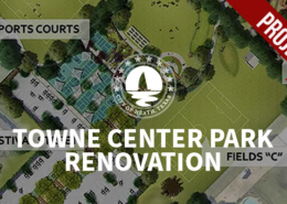A promotional banner for the City of Heath's Towne Center Park renovation. An aerial rendering of the park shows sports courts, athletic fields, walking paths, parking, and landscaped areas. Large white text reads "Towne Center Park Renovation," with the City of Heath, Texas logo above it. A red diagonal banner in the upper-right corner states, "Project Completed – Park Open."