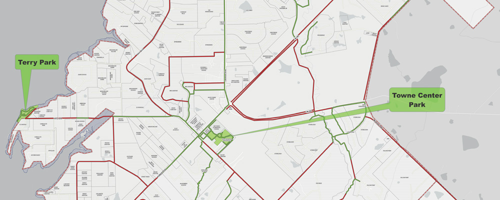 Map of Heath, Texas, highlighting the city’s trail network and parks, with Terry Park on the west side near the shoreline and Towne Center Park to the east.
