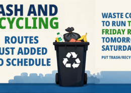 Illustration of Trash and Recycling bins with a message saying trash and recycle pickup will resume on 01/29/26 with an adjusted schedule.