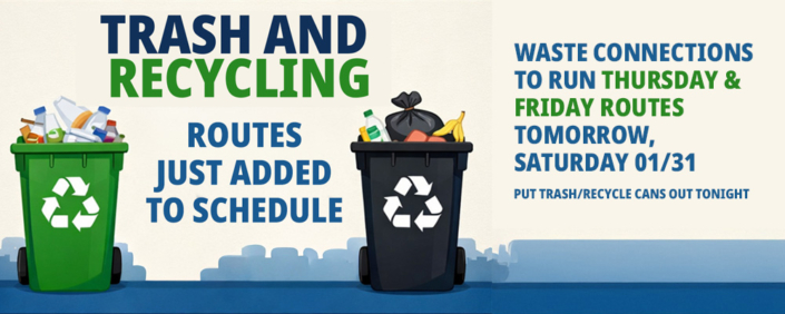 Illustration of Trash and Recycling bins with a message saying trash and recycle pickup will resume on 01/29/26 with an adjusted schedule.