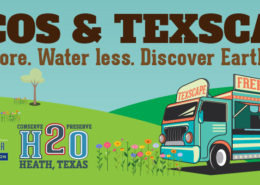 An illustration of a food truck on green grass with flowers and trees. The truck has the words Free Tacos on the side and the words Tacos & Texscape form the title.