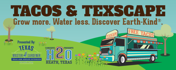 WorkshopWebBannerTacosTexscape An illustration of a food truck on green grass with flowers and trees. The truck has the words Free Tacos on the side and the words Tacos & Texscape form the title.