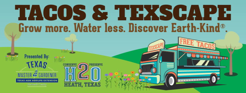 An illustration of a food truck on green grass with flowers and trees. The truck has the words Free Tacos on the side and the words Tacos & Texscape form the title.