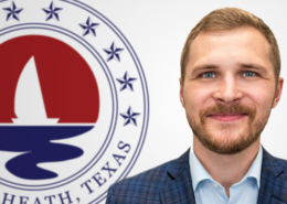 Headshot of Zack King, Director of Planning and Development, standing in front of the City of Heath, Texas official seal.